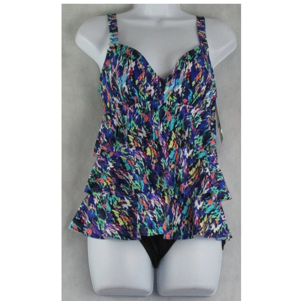 NWT Swim Solutions Women's Tiered One-Piece Swimsuit, Rainbow Blue Multicolor, 8